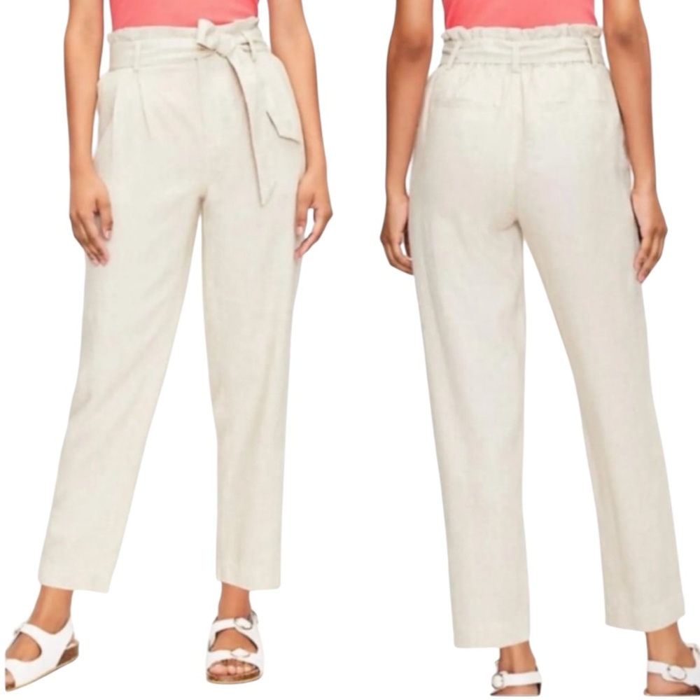 LOFT Paperbag Style Linen Blend High Rise Pants in Natural Khaki Size XS—NO BELT - Picture 8 of 10
